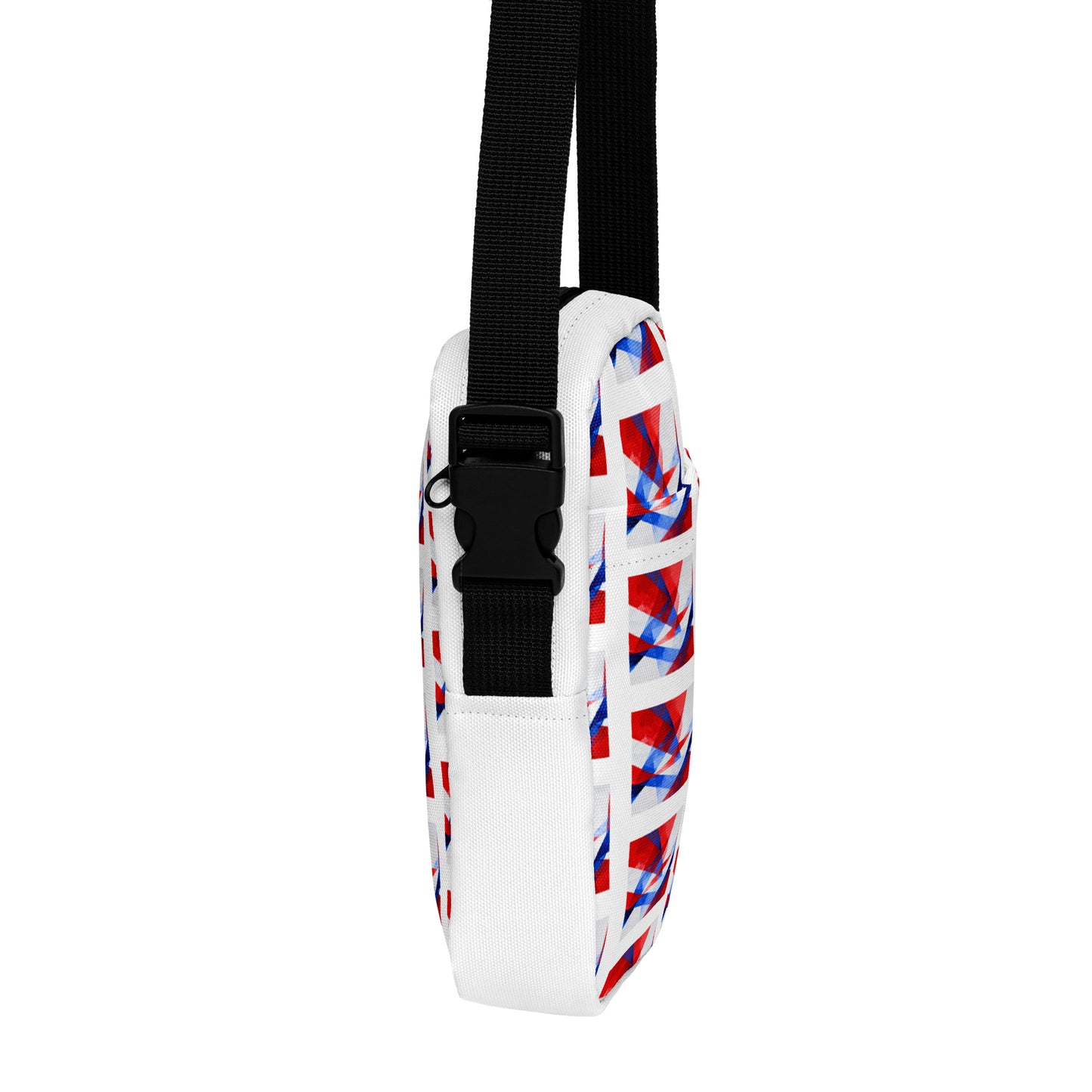 Utility crossbody bag with white UK flag pattern, black strap buckle and top strap detail.