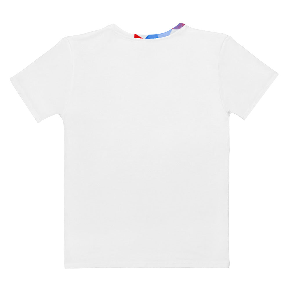 Women’s white crew neck T-shirt, plain front with blue-red print peeking at neckline