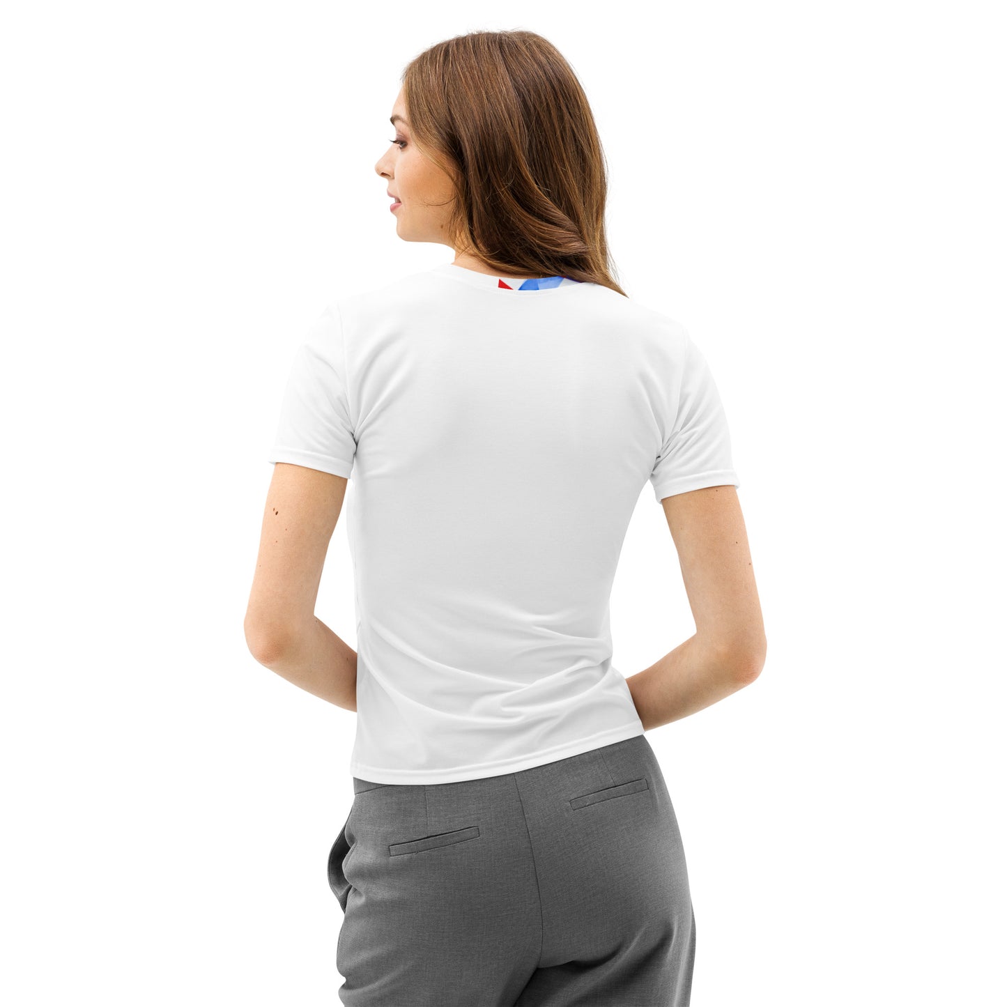 Women’s white crew neck T-shirt, plain back view with no visible graphics