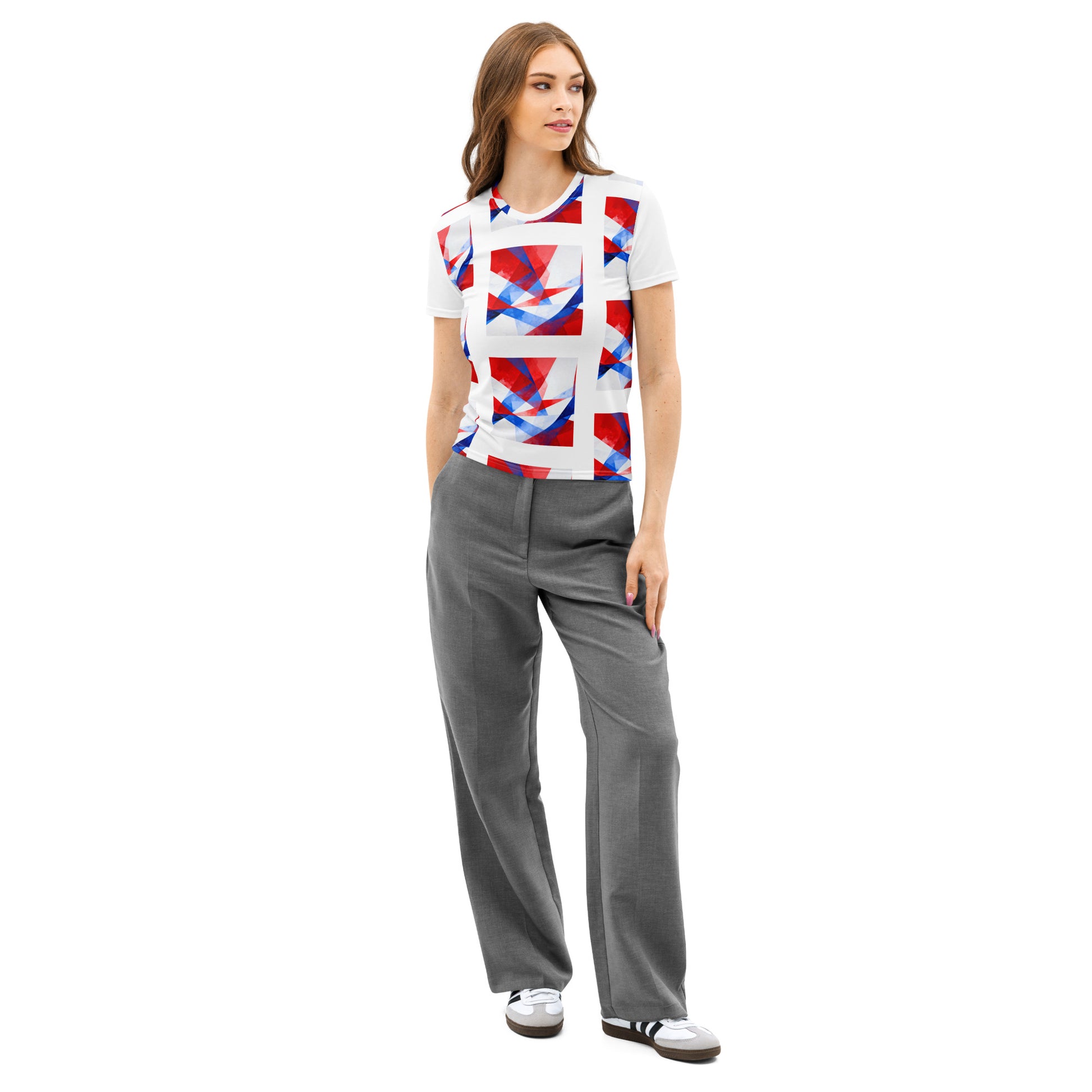 Women’s white crew neck T-shirt with red and blue geometric flag print, standing pose