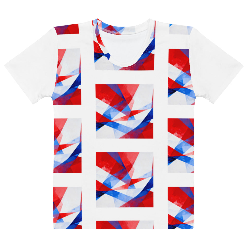 Women’s white crew neck T-shirt with red and blue geometric flag-style square pattern
