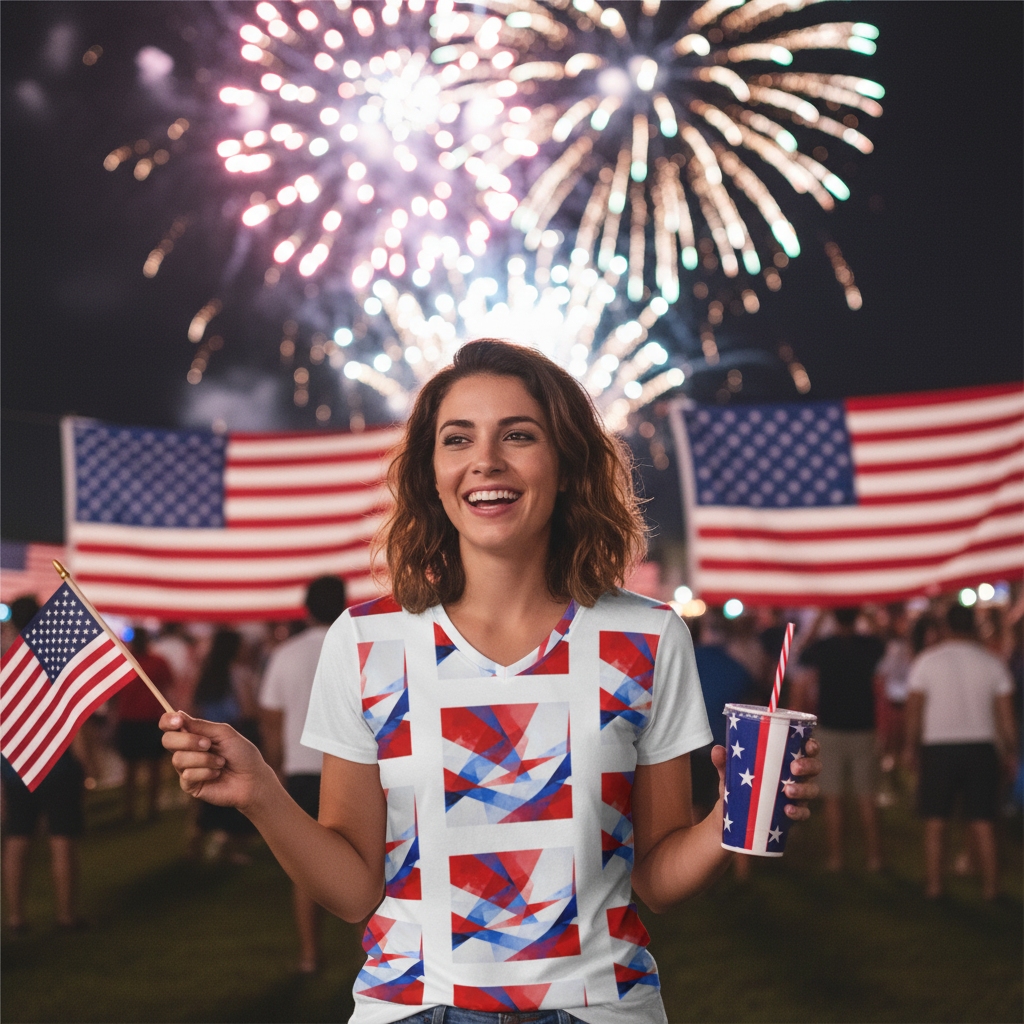 Women’s white cotton crew neck T-shirt with red, blue, and white geometric flag print