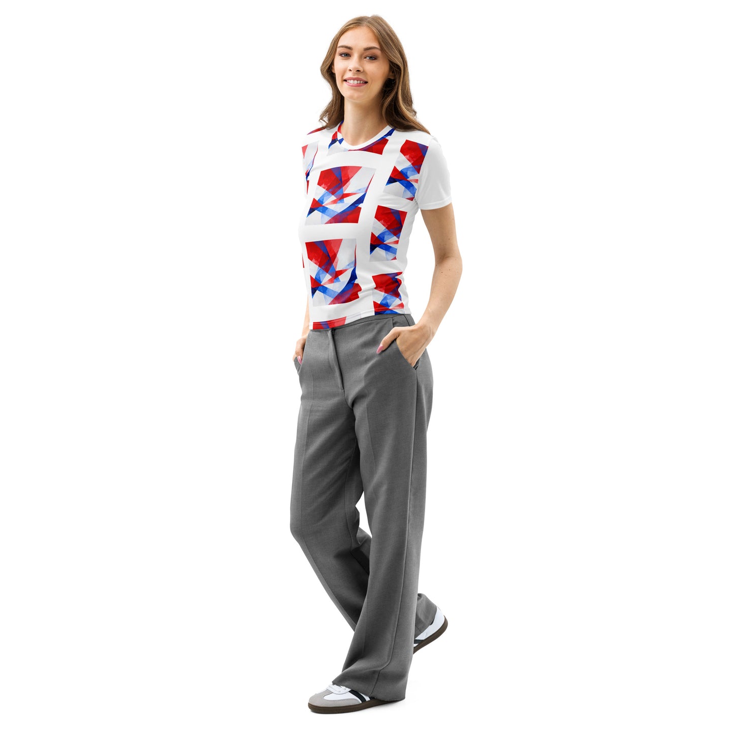 Women’s white crew neck T-shirt with red and blue geometric flag print, full body view