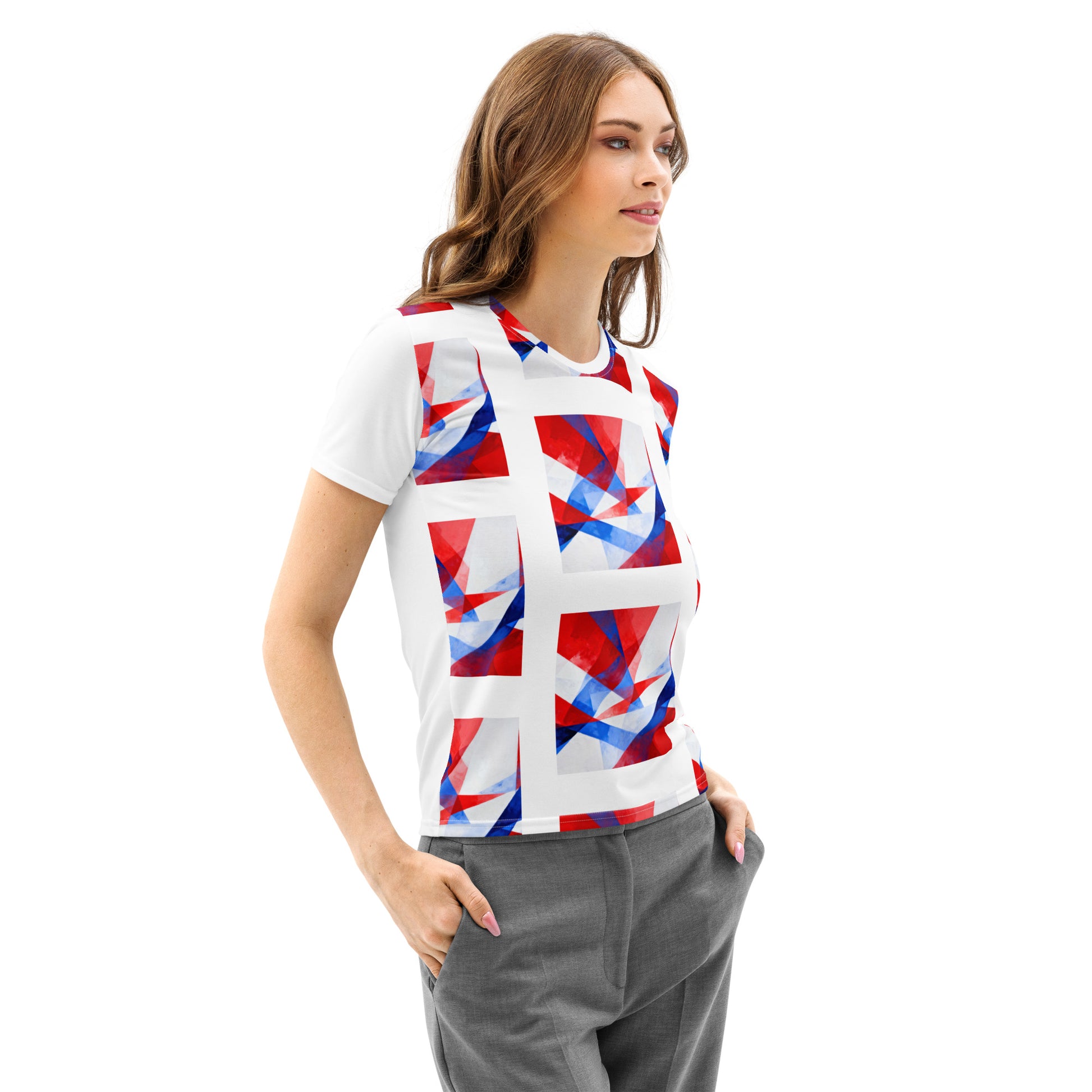 Women’s white crew neck T-shirt with red and blue geometric flag square print, side view
