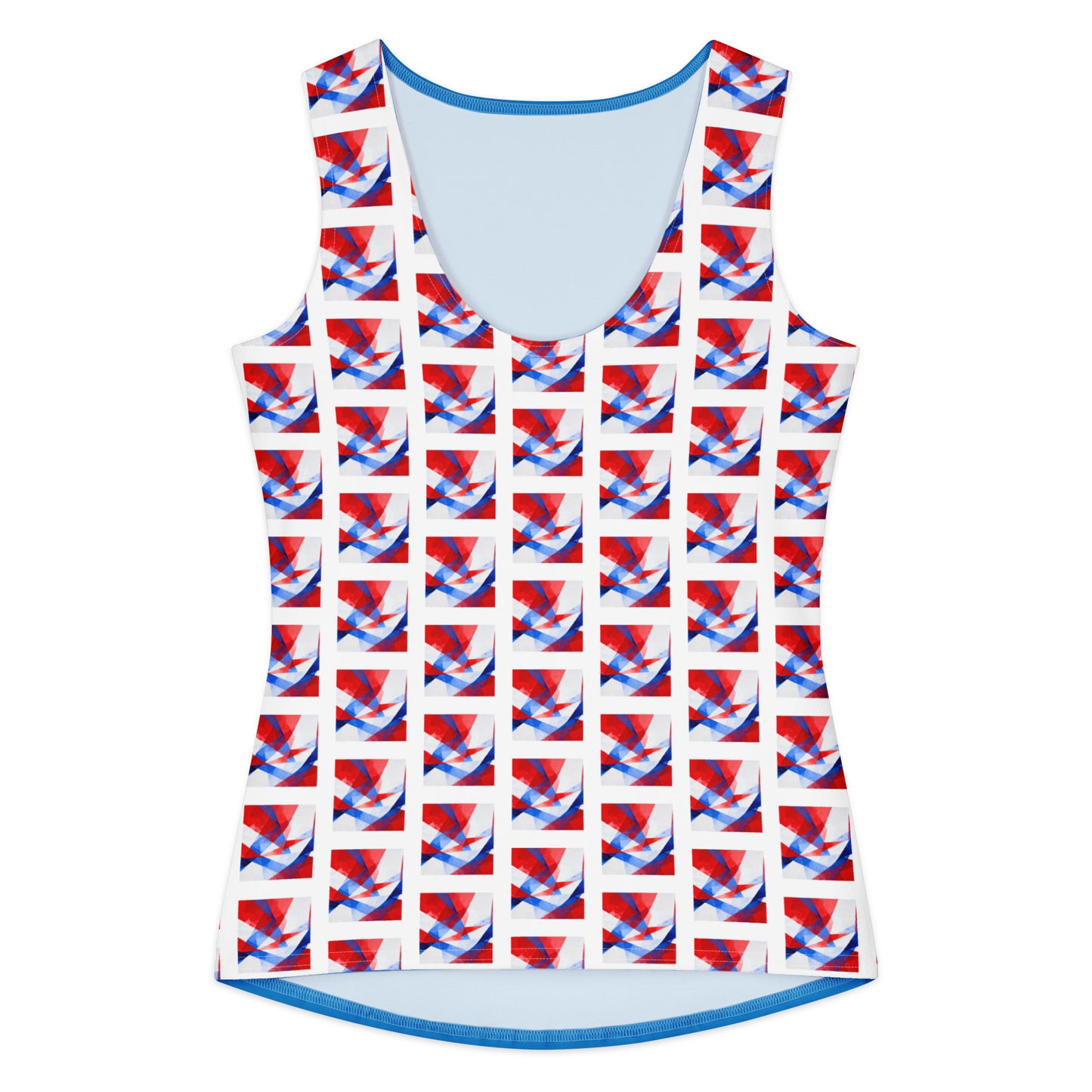 Women's cotton tank top with red, white, and blue Union Jack print and blue trim