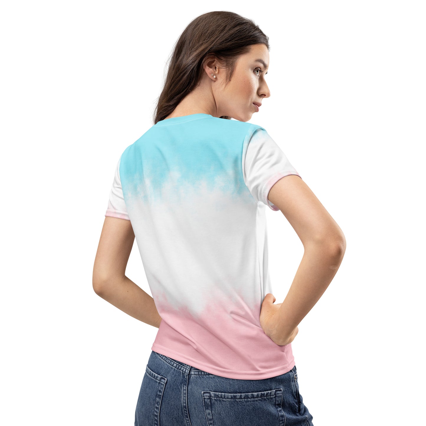 Women’s tie-dye T-shirt back view: turquoise upper and pink lower, short sleeves