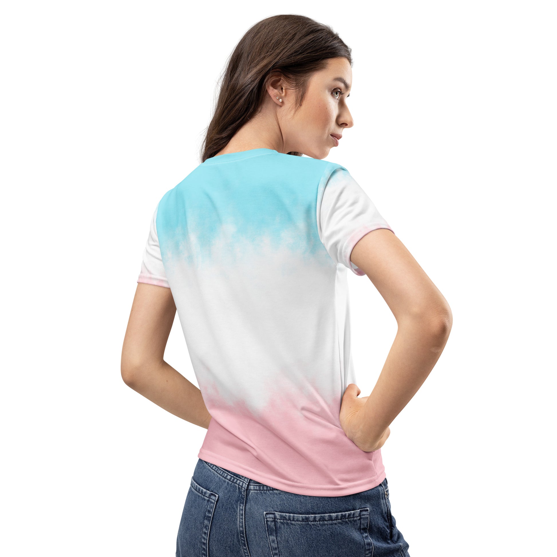 Women’s tie-dye T-shirt back view: turquoise upper and pink lower, short sleeves