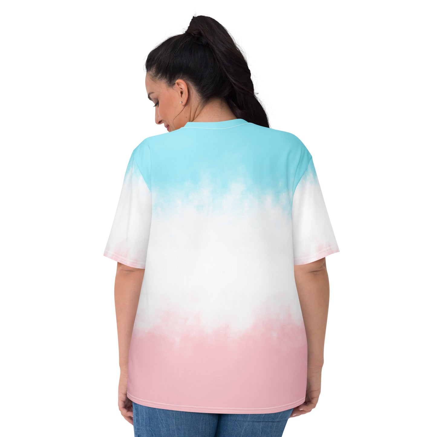 Women’s back view T-shirt with turquoise upper, white sleeves, and pink lower