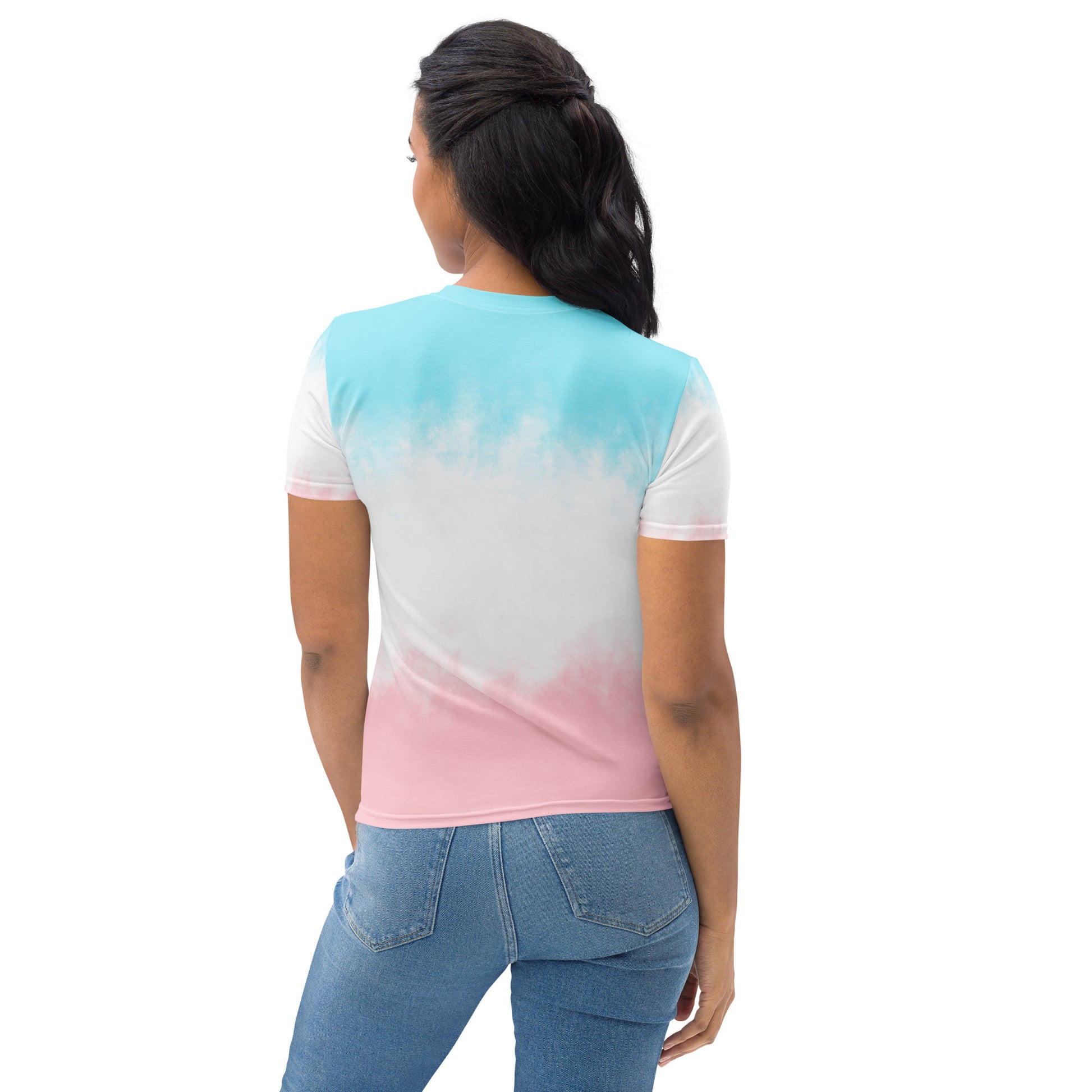 Women’s T-shirt back view with tie-dye effect: turquoise top to pink bottom