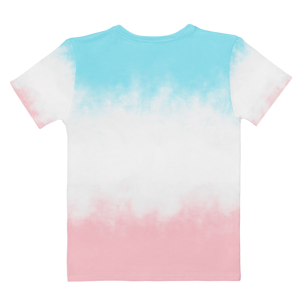 Women’s tie-dye t-shirt, back view, aqua upper half fading to pink at hem.