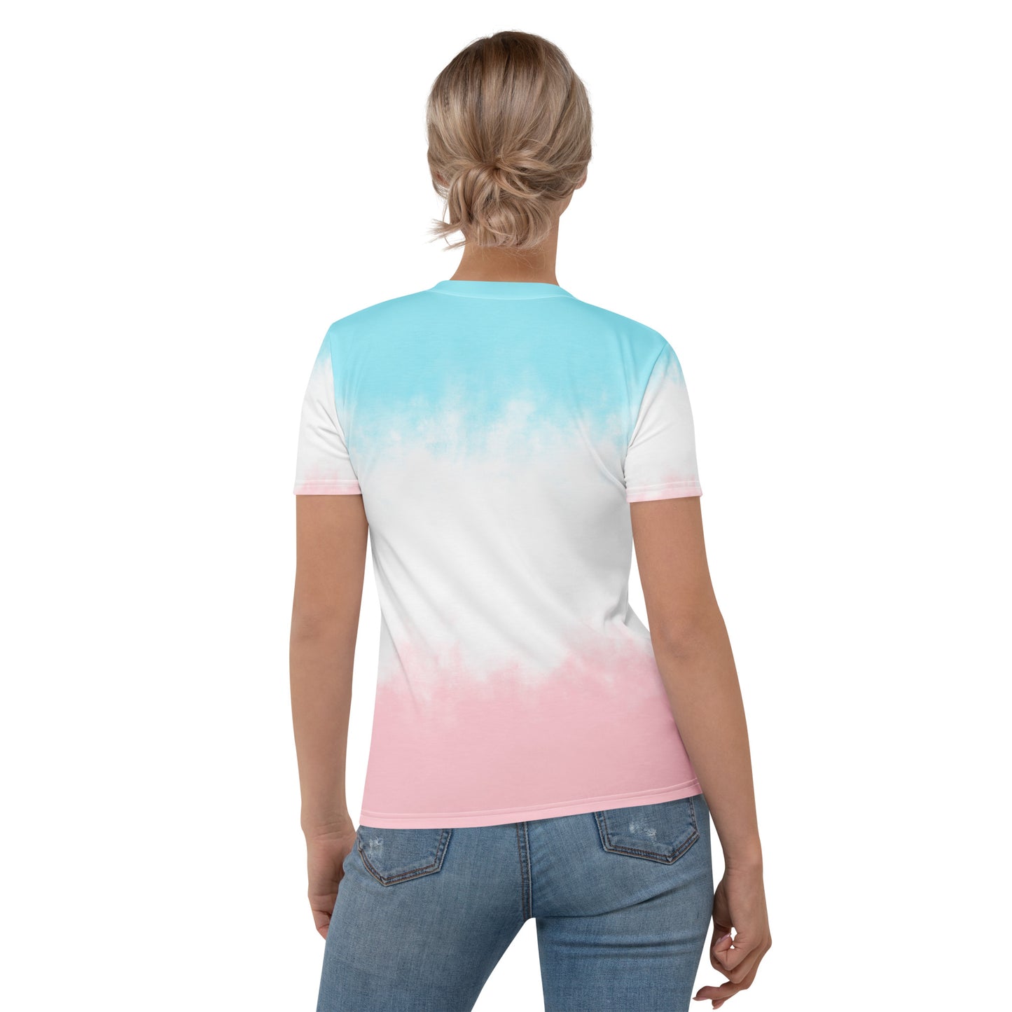 Women’s tie-dye t-shirt, back view on model: aqua top fading to pink hem.