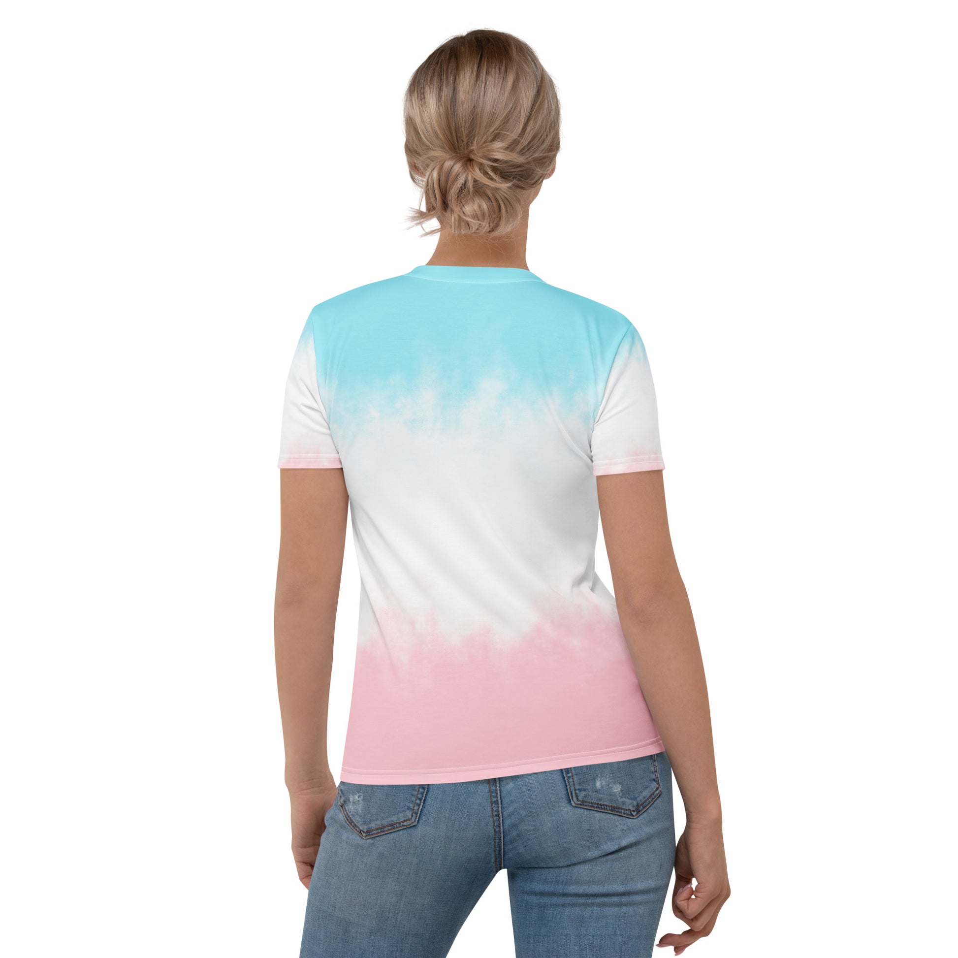 Women’s tie-dye t-shirt, back view on model: aqua top fading to pink hem.