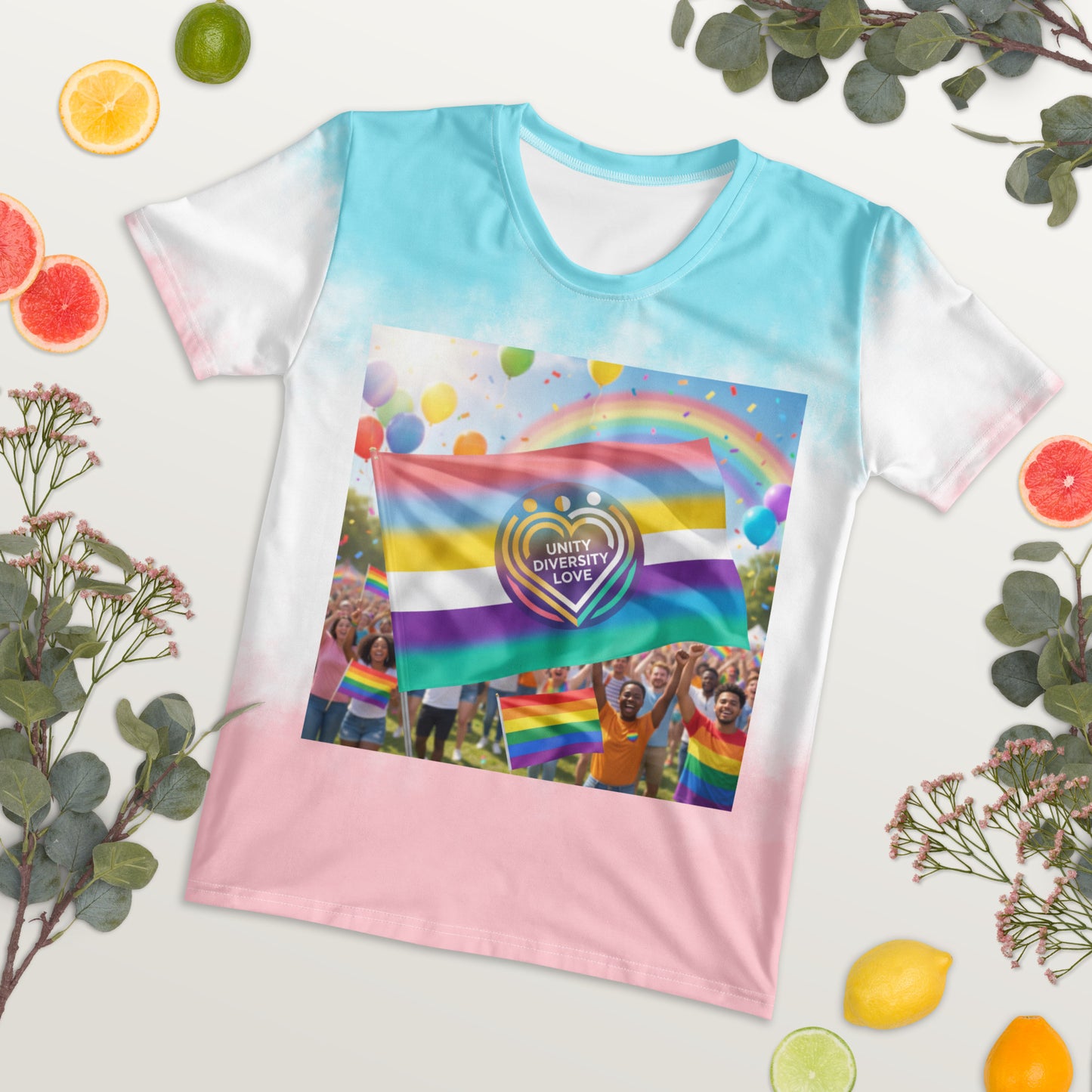 Women’s tie-dye t-shirt, front view, rainbow heart and flag graphic center panel.