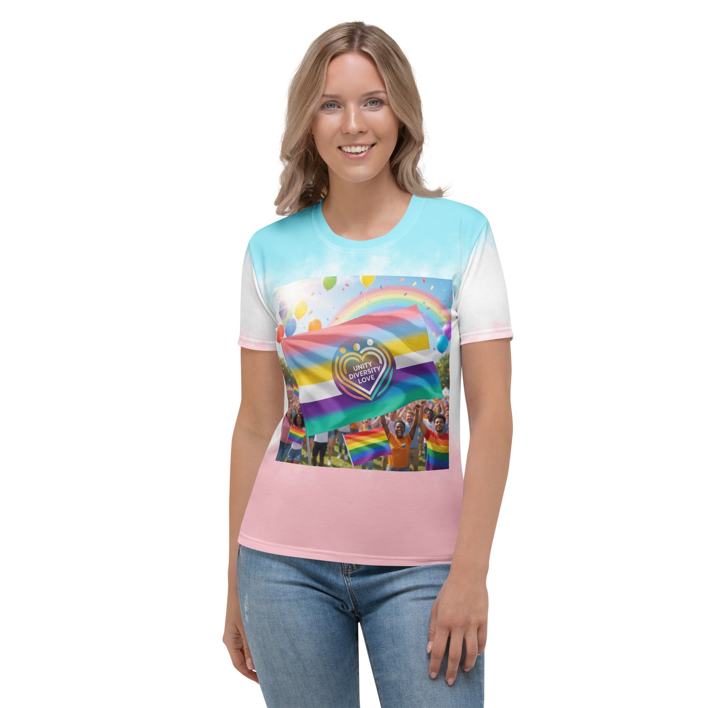 Women’s short-sleeve T-shirt with rainbow heart graphic on turquoise and pink body