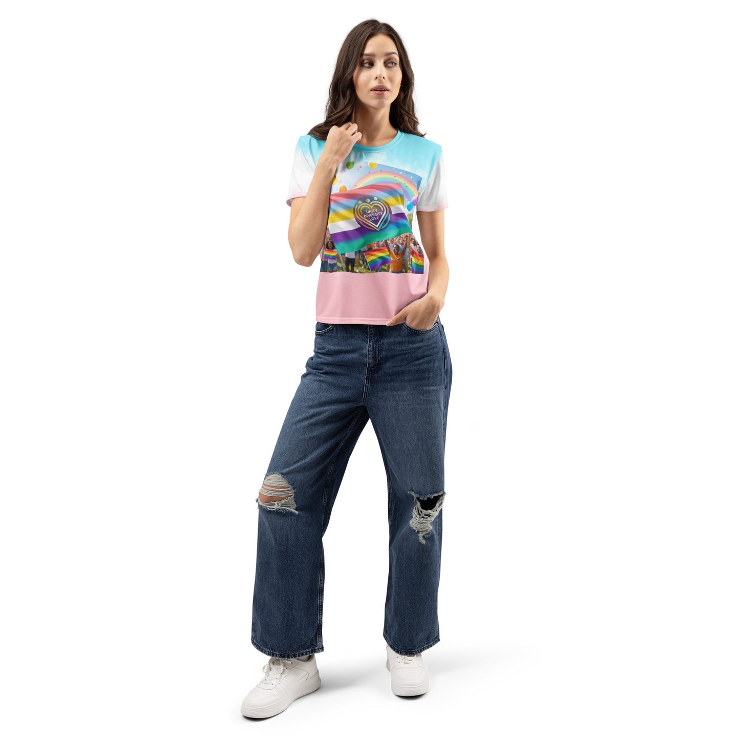 Women’s rainbow graphic T-shirt, turquoise-to-white sleeves and pink hem