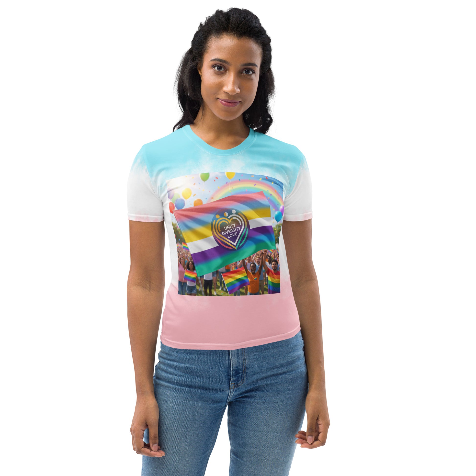 Women’s rainbow heart graphic T-shirt with turquoise upper and pink hem