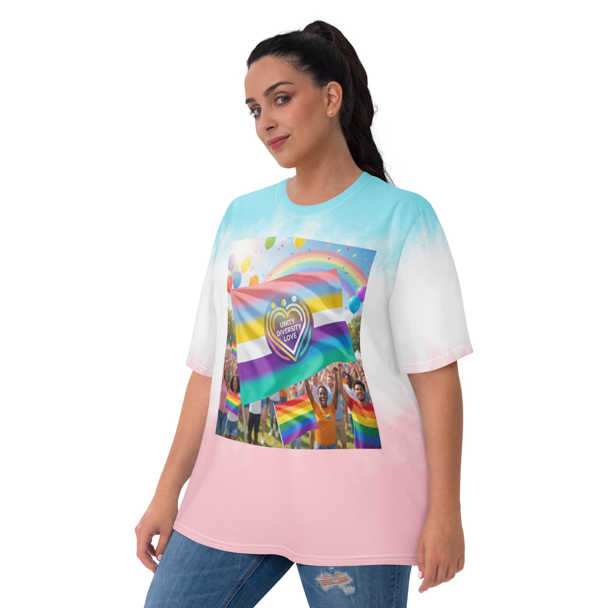 Women’s tie-dye t-shirt, aqua-to-pink ombré, rainbow heart graphic on chest.