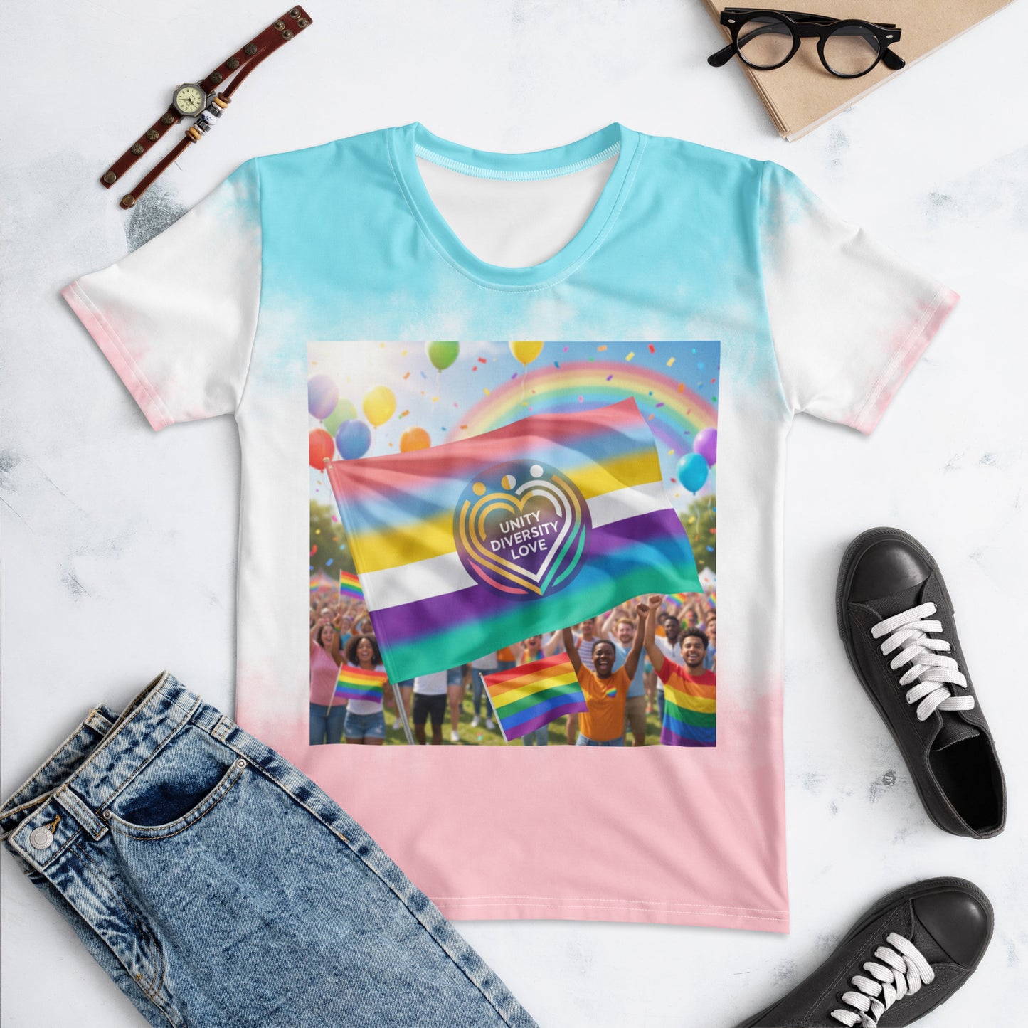 Women’s tie-dye t-shirt, crew neck, rainbow heart and flag graphic on front.