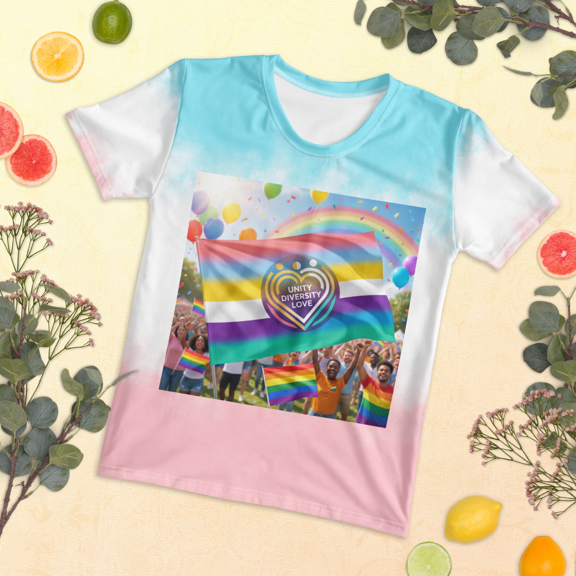 Women’s tie-dye t-shirt, front view, rainbow heart and crowd graphic on chest.