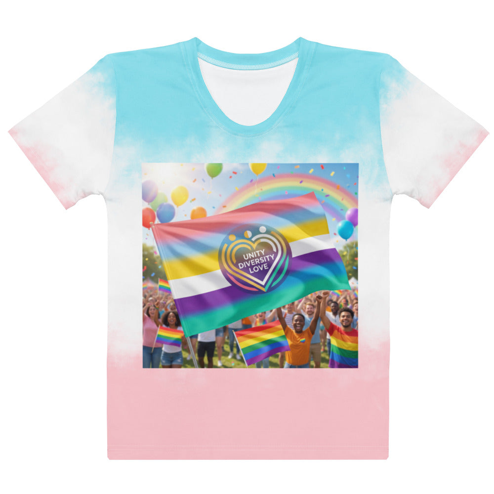Women’s tie-dye t-shirt, front view, rainbow heart and flag graphic with crew neck.