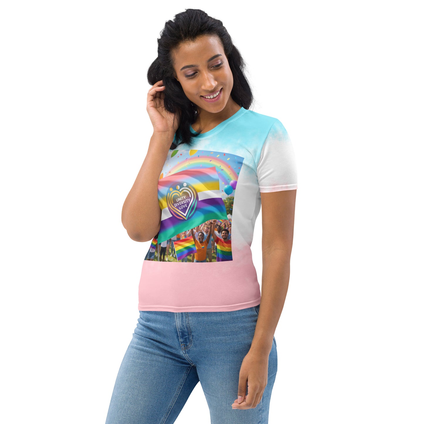 Women’s rainbow heart graphic T-shirt with turquoise top and pink lower panel