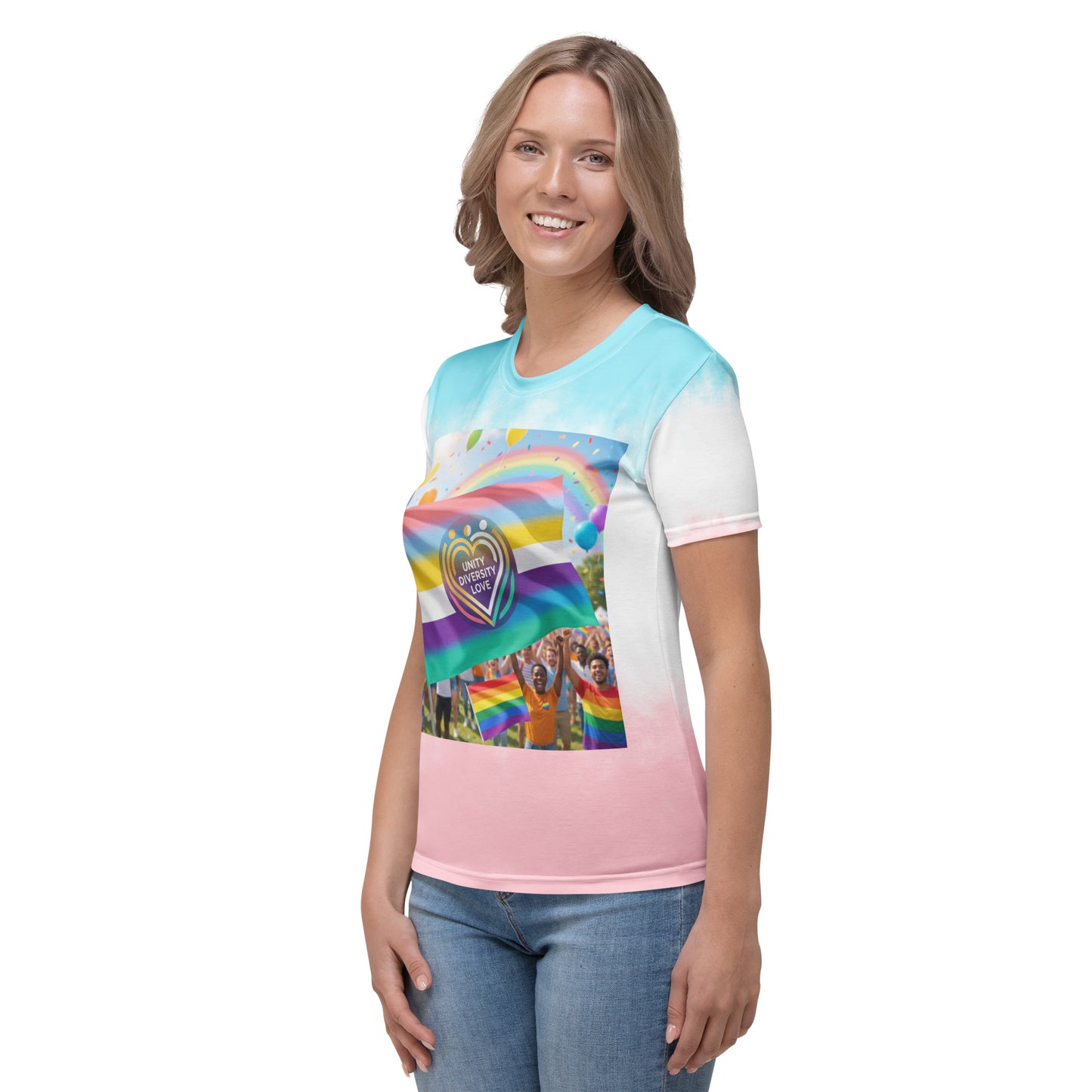 Women’s tie-dye t-shirt, front view, rainbow heart and flag graphic on chest.