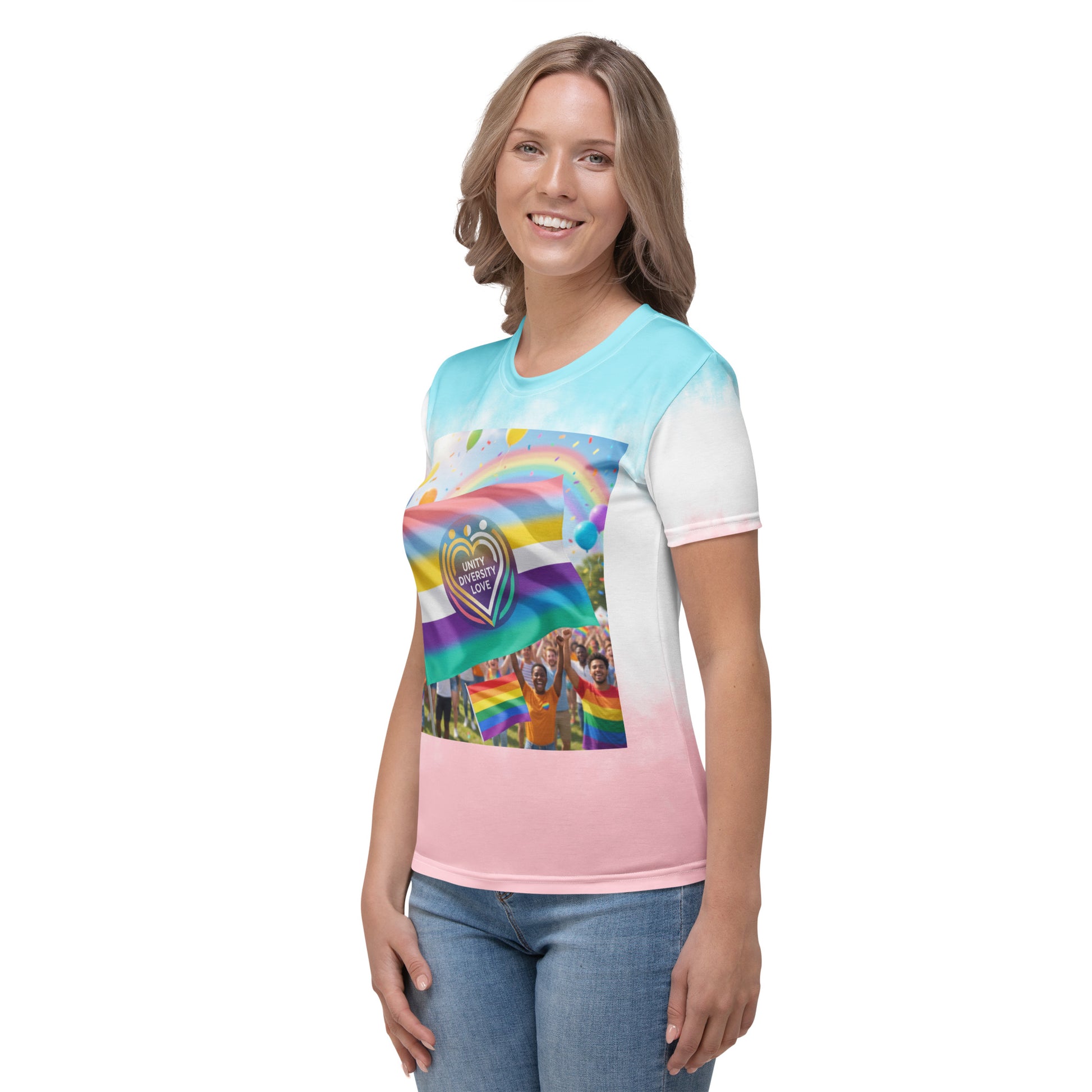 Women’s tie-dye t-shirt, front view, rainbow heart and flag graphic on chest.