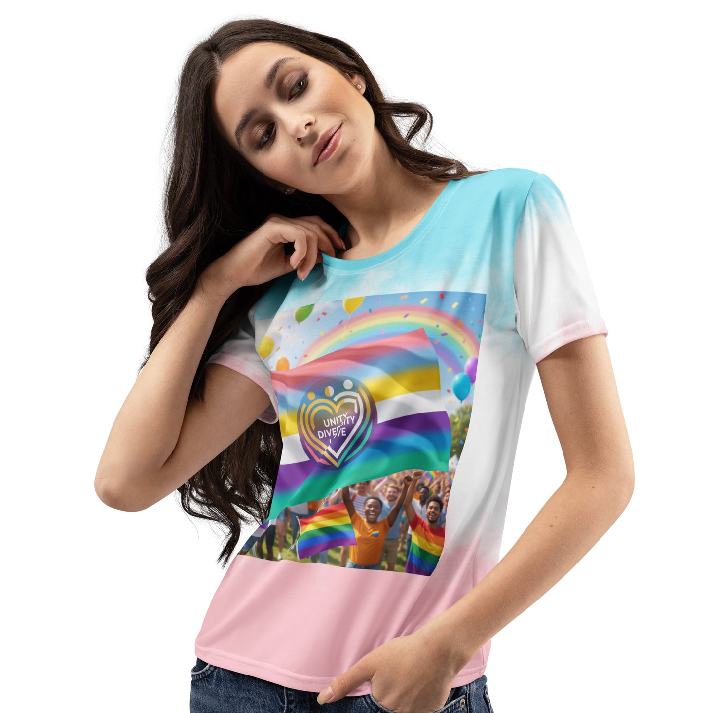 Women’s rainbow heart graphic T-shirt with turquoise top and pink lower panel