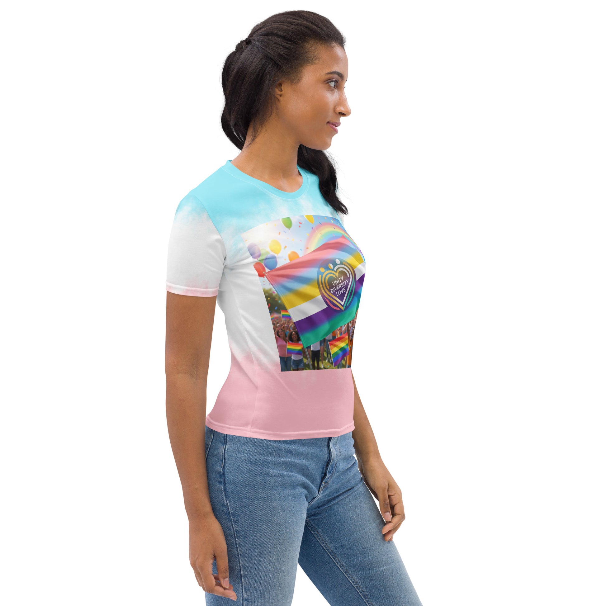 Women’s side profile T-shirt with rainbow heart graphic and pink lower panel