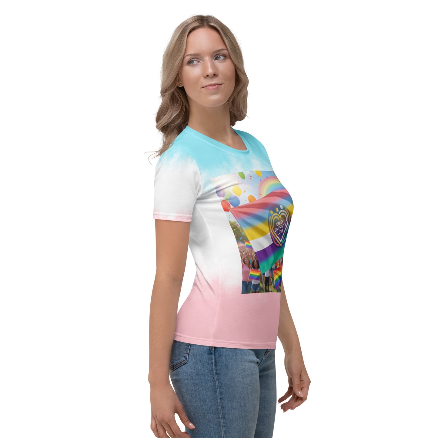 Women’s crew-neck T-shirt with multicolor heart graphic in pastel blue, white, and pink.