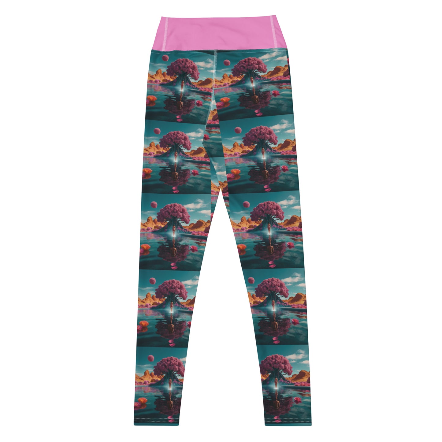 Women's yoga leggings front, pink waistband and teal-and-coral landscape pattern.