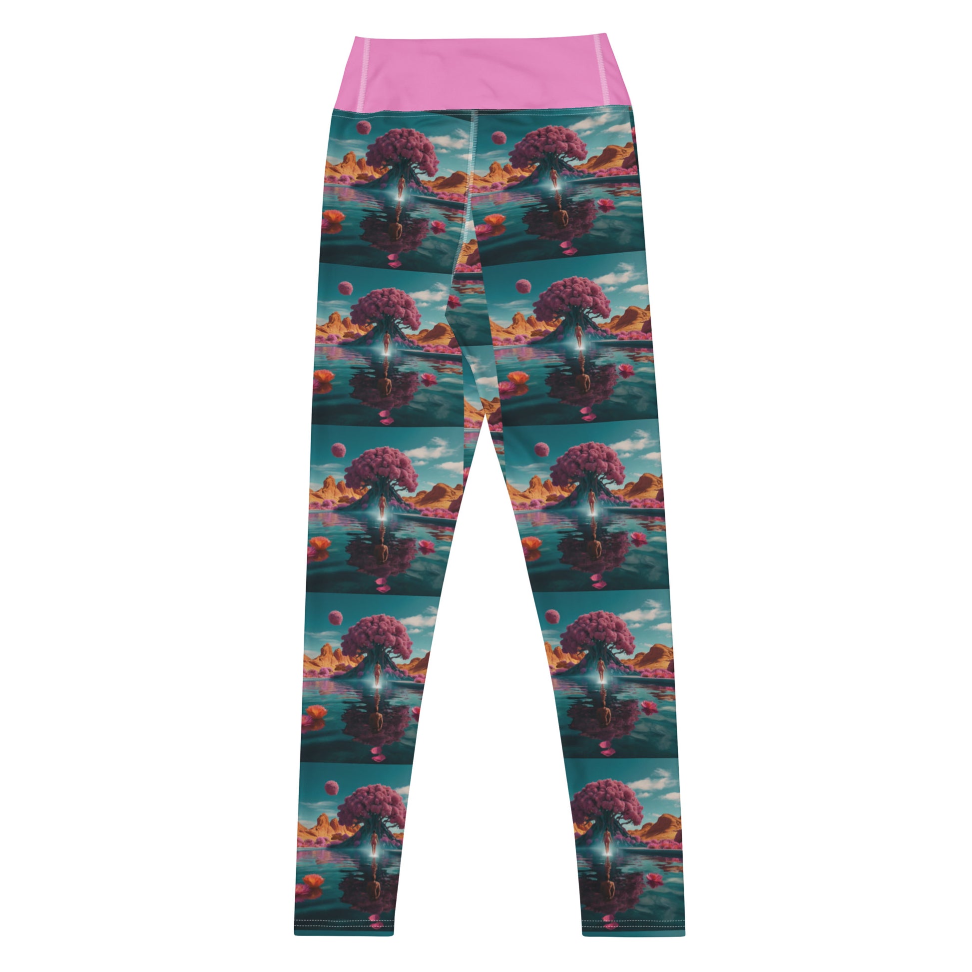 Women's yoga leggings front, pink waistband and teal-and-coral landscape pattern.