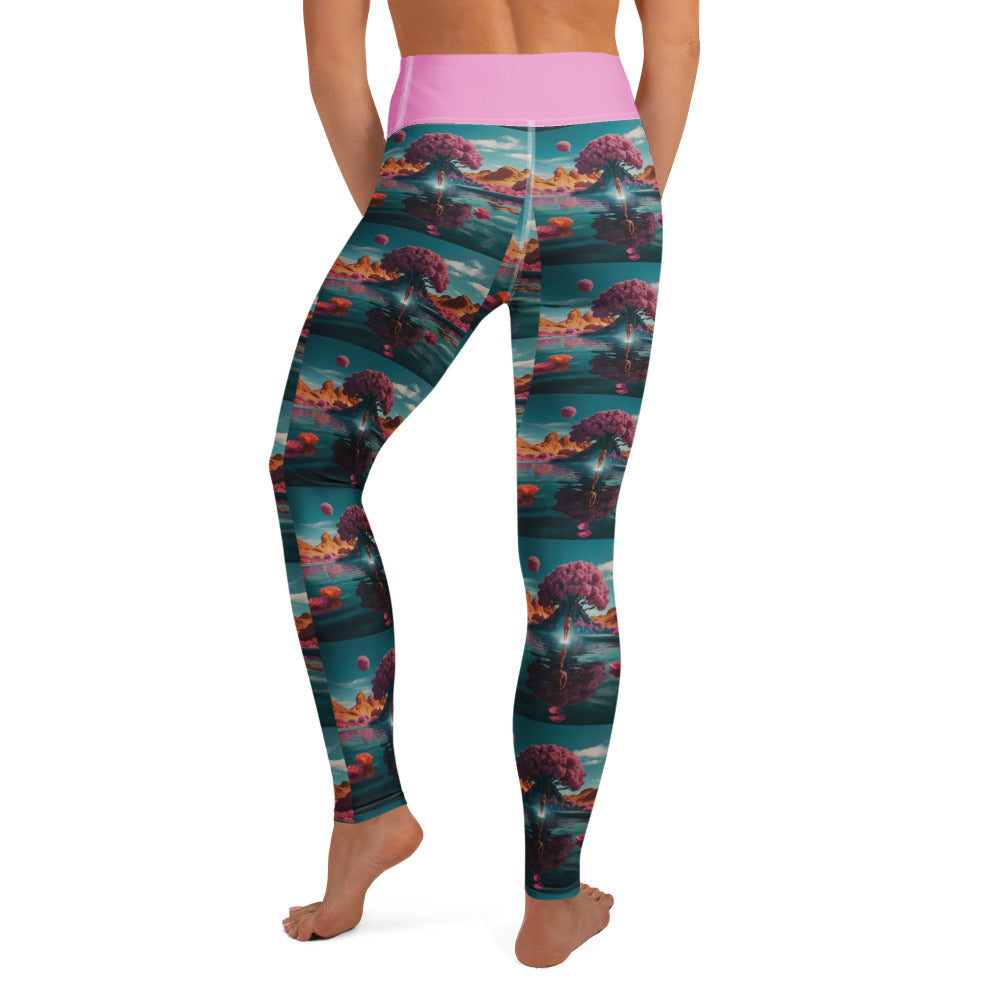Teal landscape-print yoga leggings with pink waistband, full-length back view