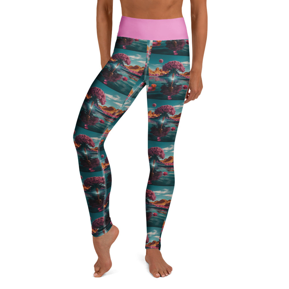 Full-length yoga leggings with teal scenic landscape print and pink waistband