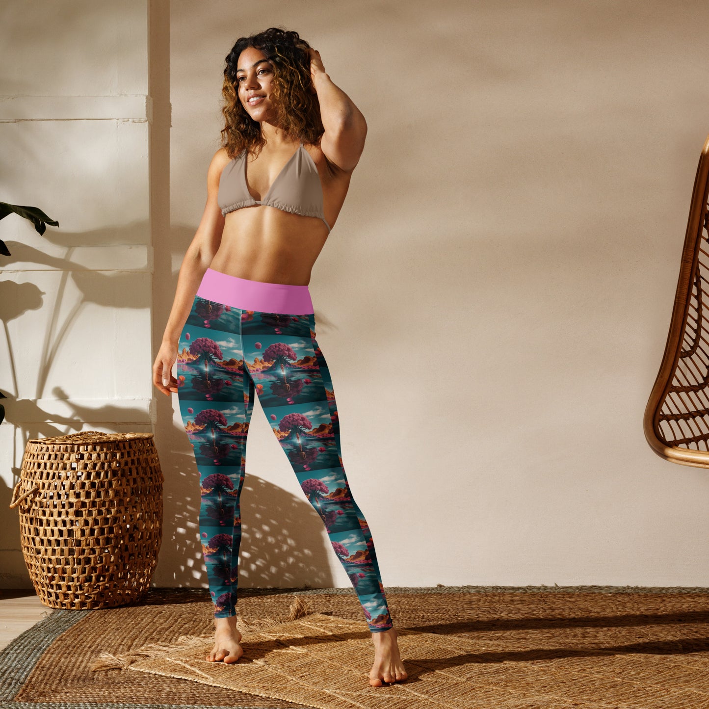 Teal scenic landscape yoga leggings with pink waistband, full-length