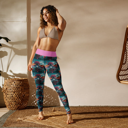 Yoga leggings with teal fantasy landscape print and magenta waistband, full-length view.