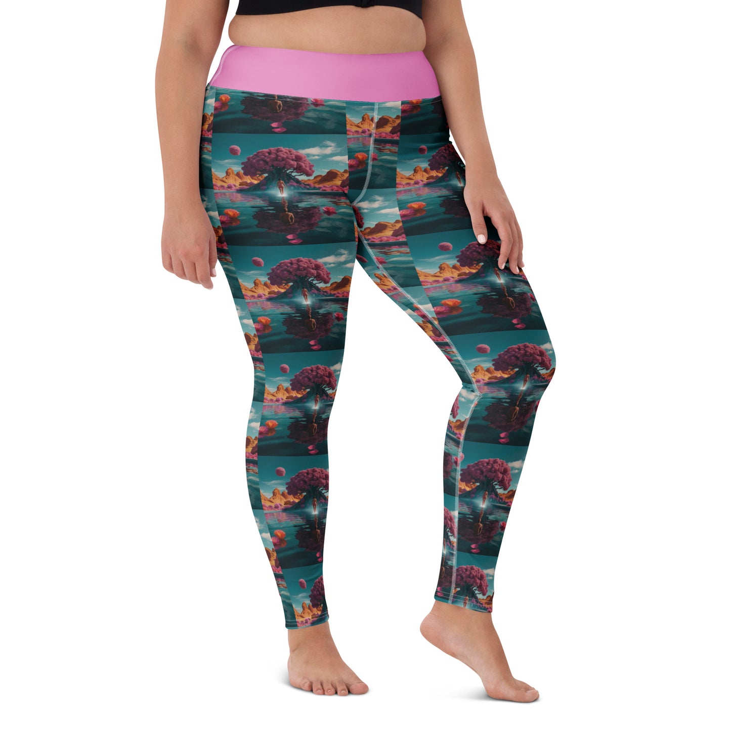 Women's yoga leggings with teal, coral, and pink landscape print; pink waistband.