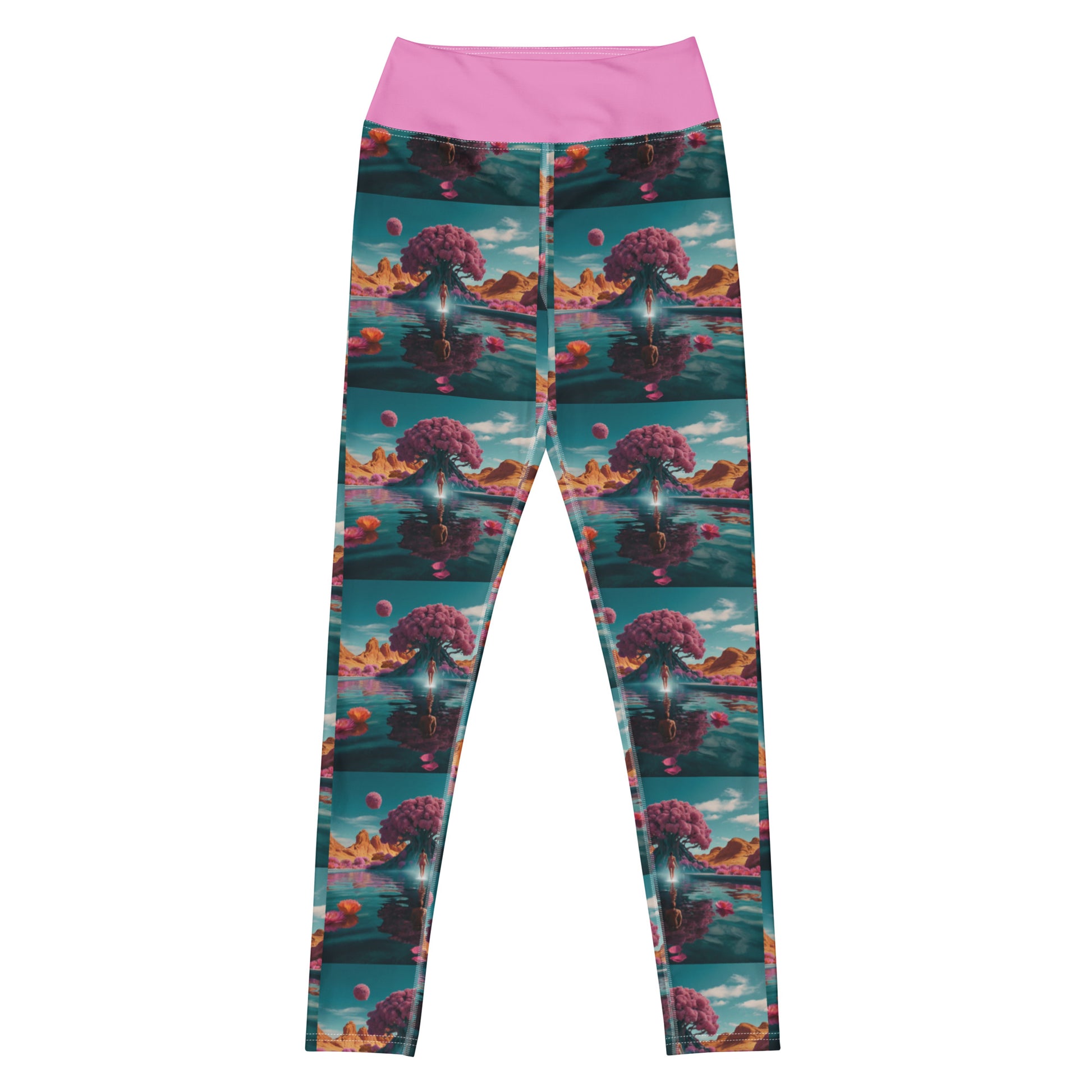 Women's yoga leggings, pink waistband and allover teal-and-coral tree scene print.