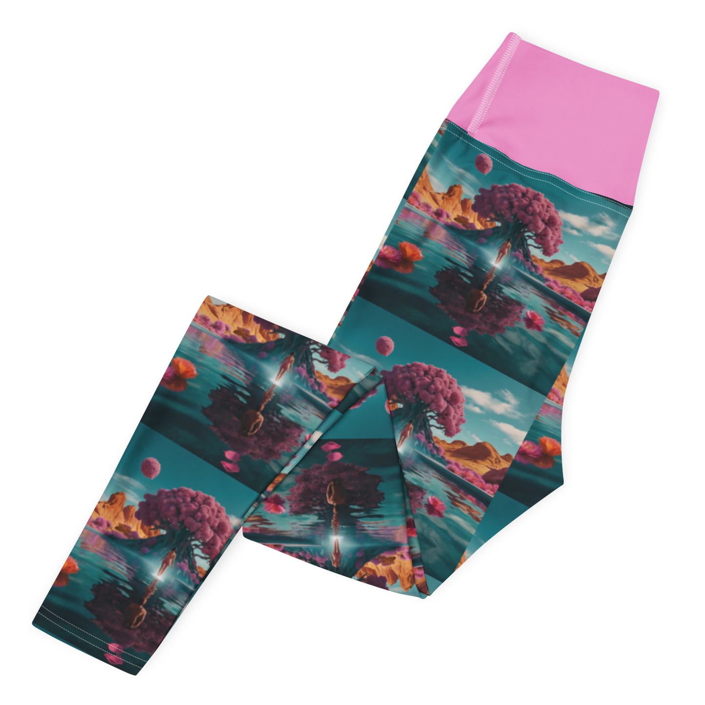 Women's yoga leggings folded, teal-and-coral landscape print with magenta waistband.
