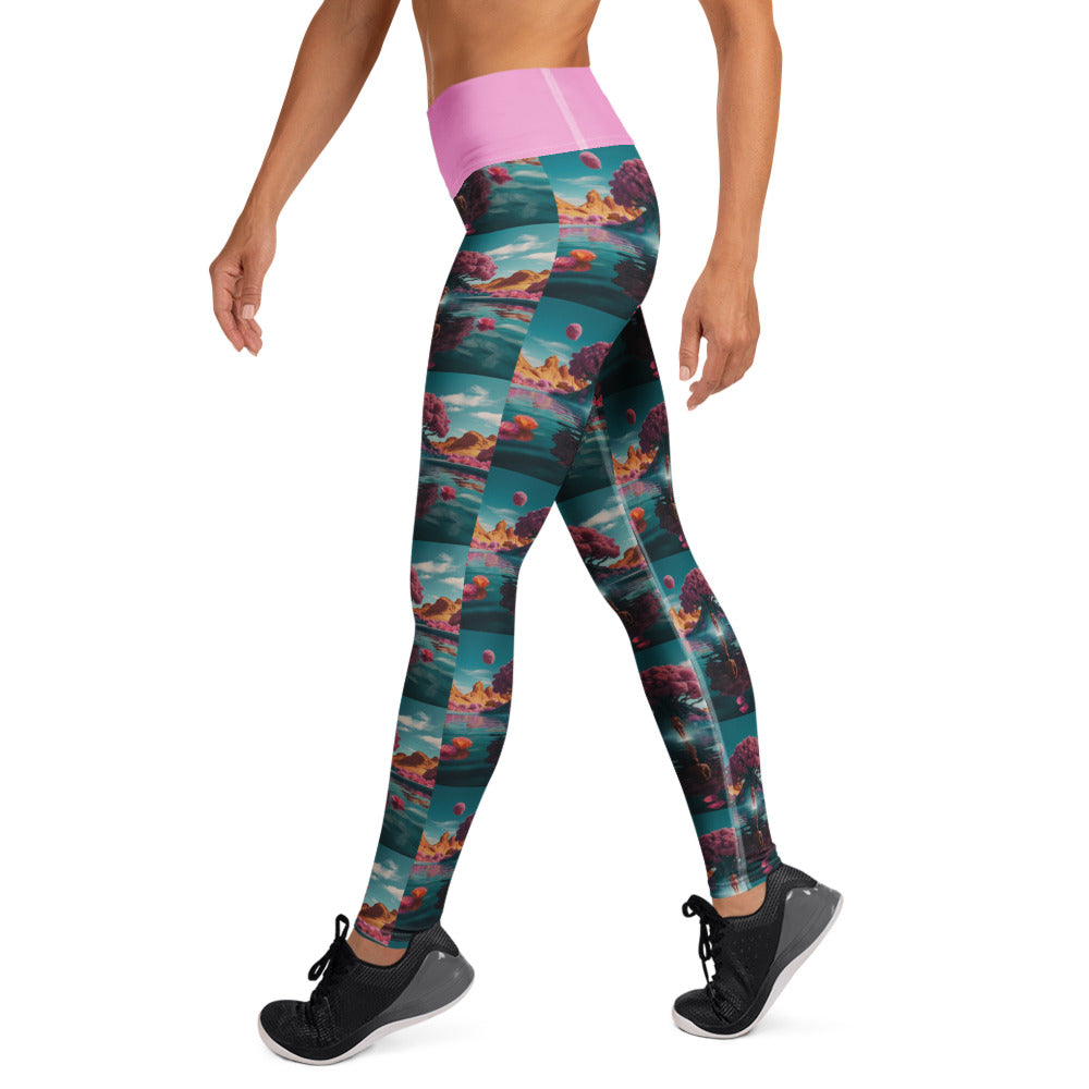 Teal landscape-print yoga leggings with pink waistband, full-length front view