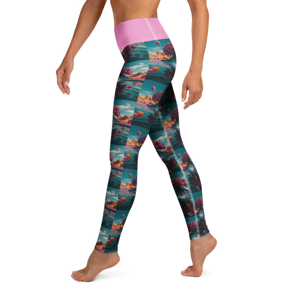 Teal printed yoga leggings with pink waistband, full-length side view