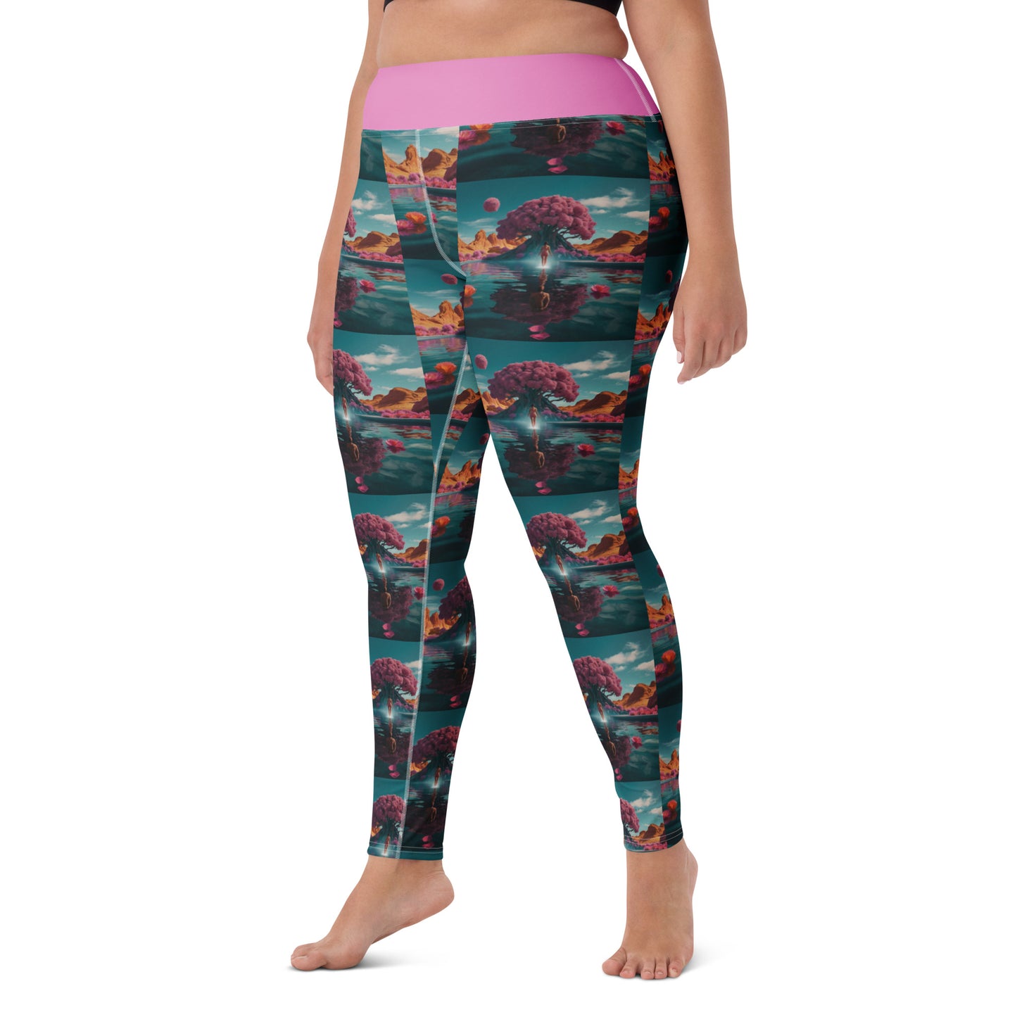 Teal yoga leggings with pink waistband and scenic landscape print, back view