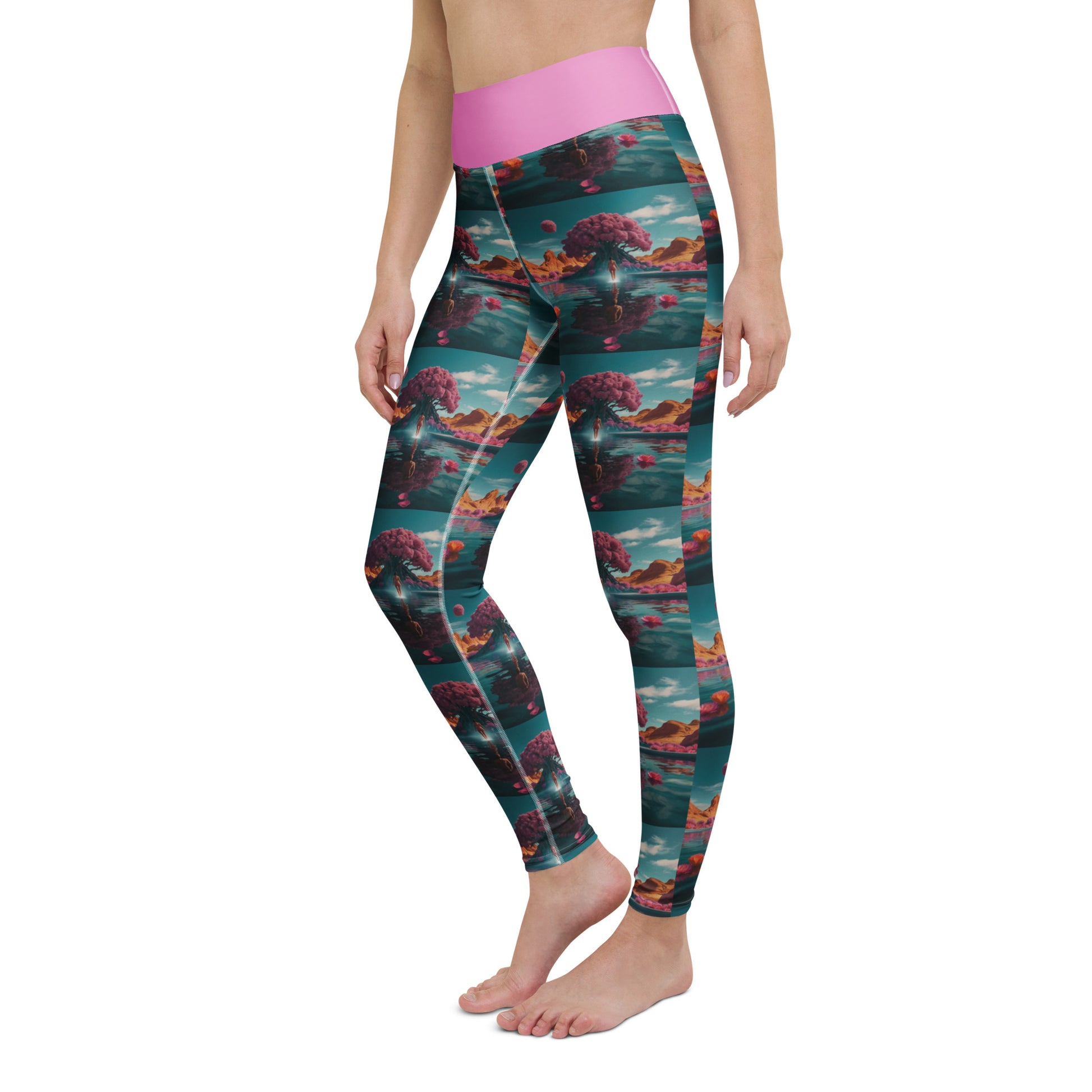 Women's yoga leggings side view on model, teal-and-coral print with magenta waistband.