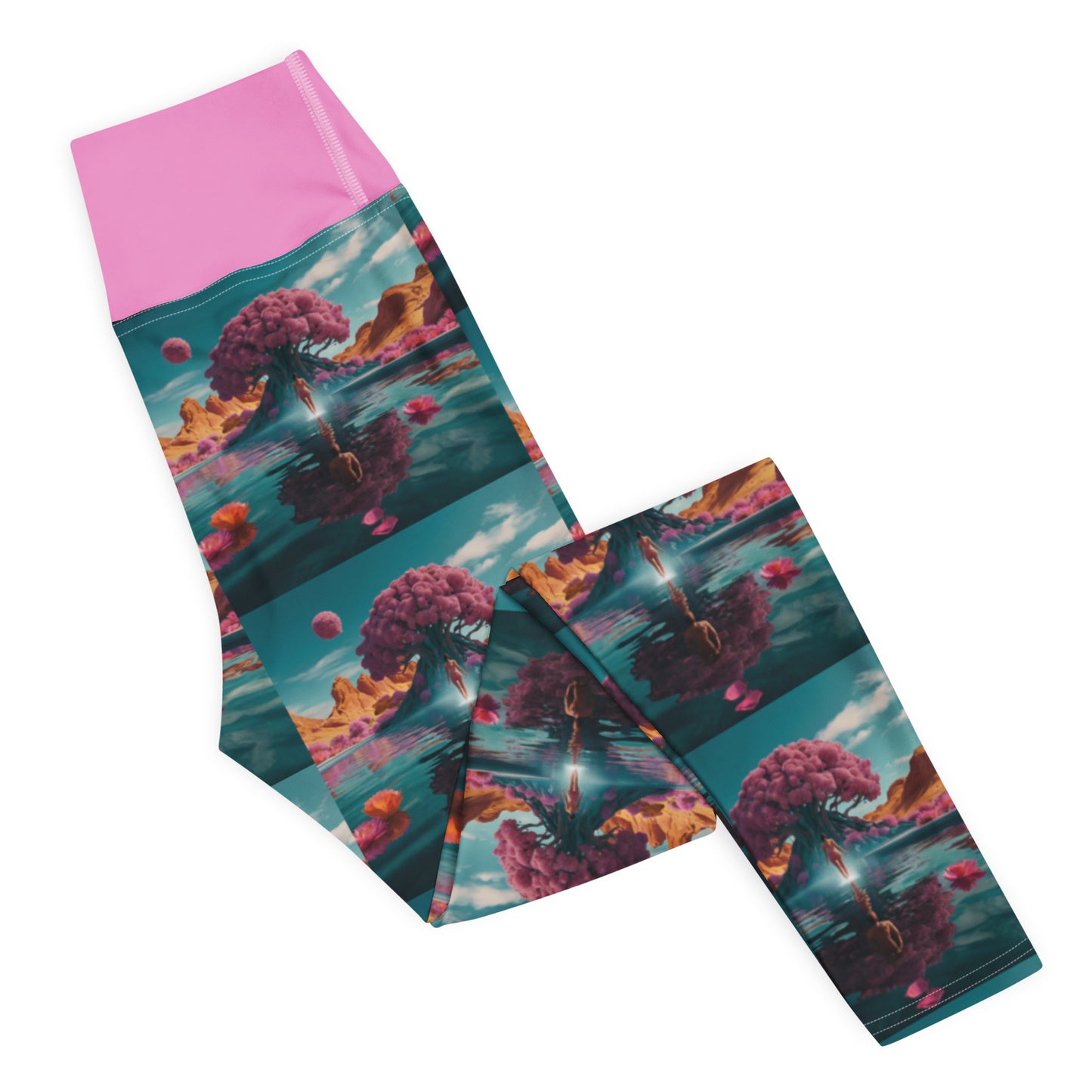 Women's yoga leggings flat lay, teal-and-coral landscape print with magenta waistband.