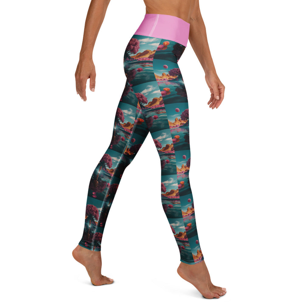 Teal landscape-print yoga leggings with pink waistband, full-length three-quarter view