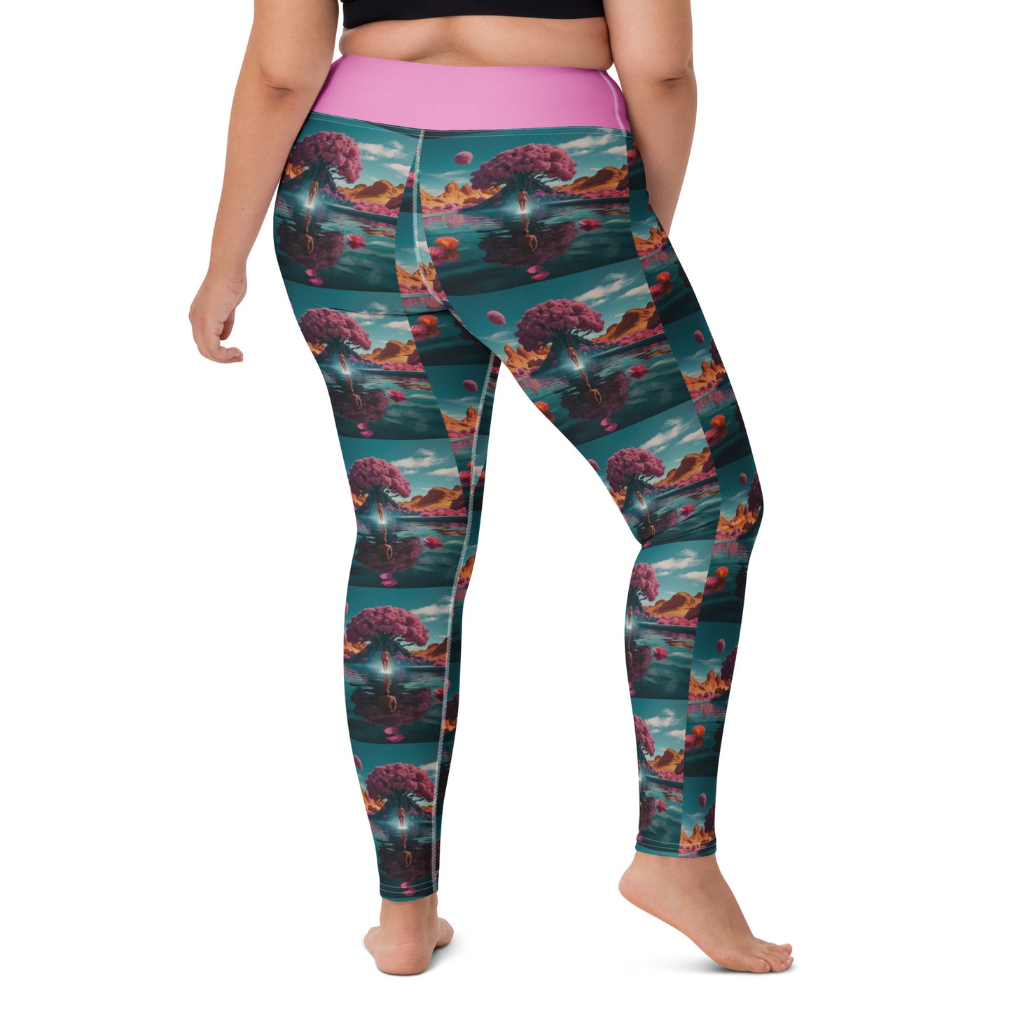 Teal yoga leggings with pink waistband and scenic landscape print, straight-on
