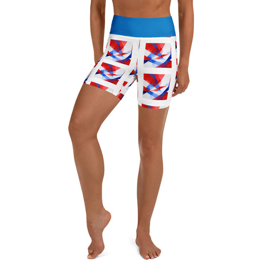 High-waisted yoga shorts with Union Jack pattern and blue waistband, front view