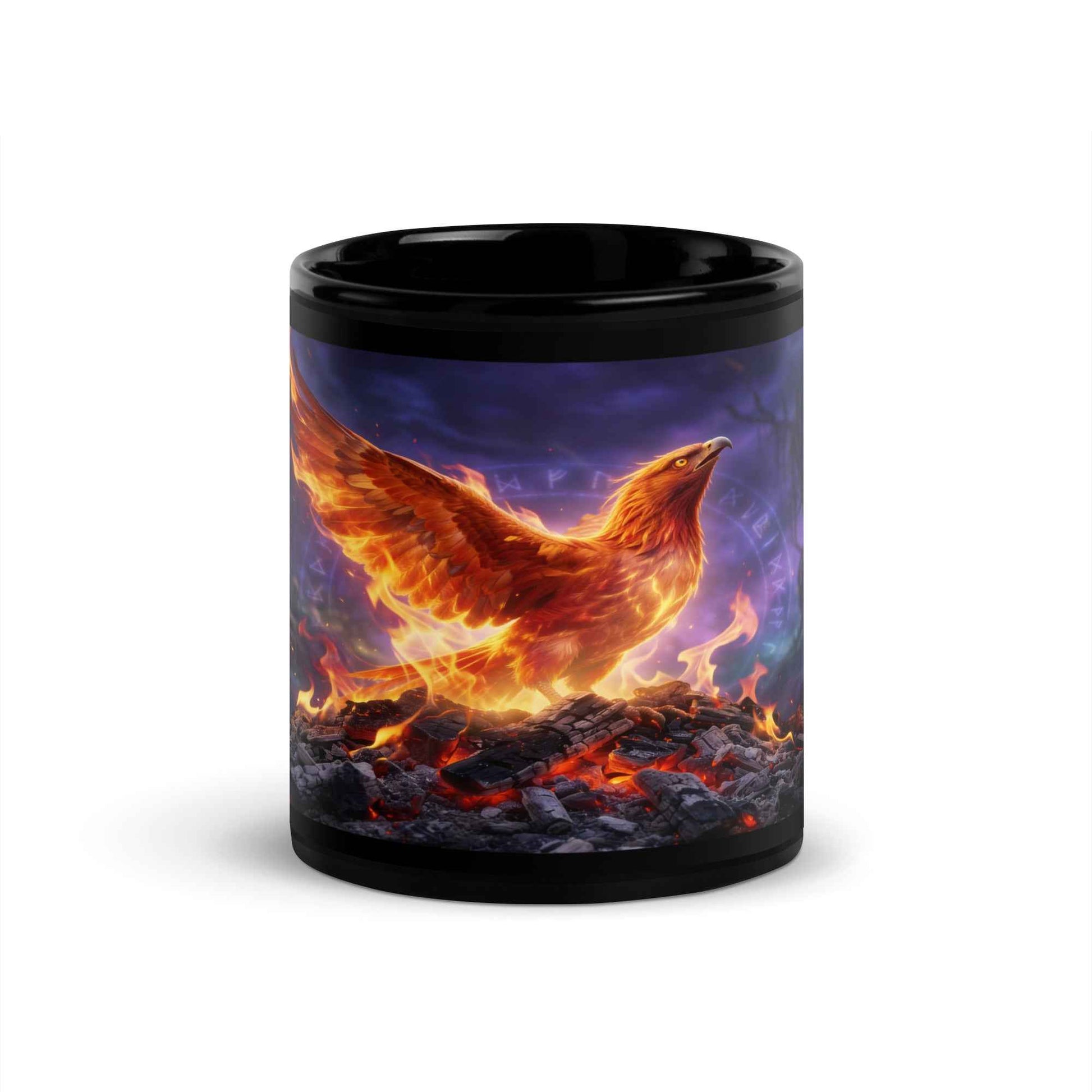 Black ceramic mug with phoenix and flames wraparound graphic on front, glossy finish.