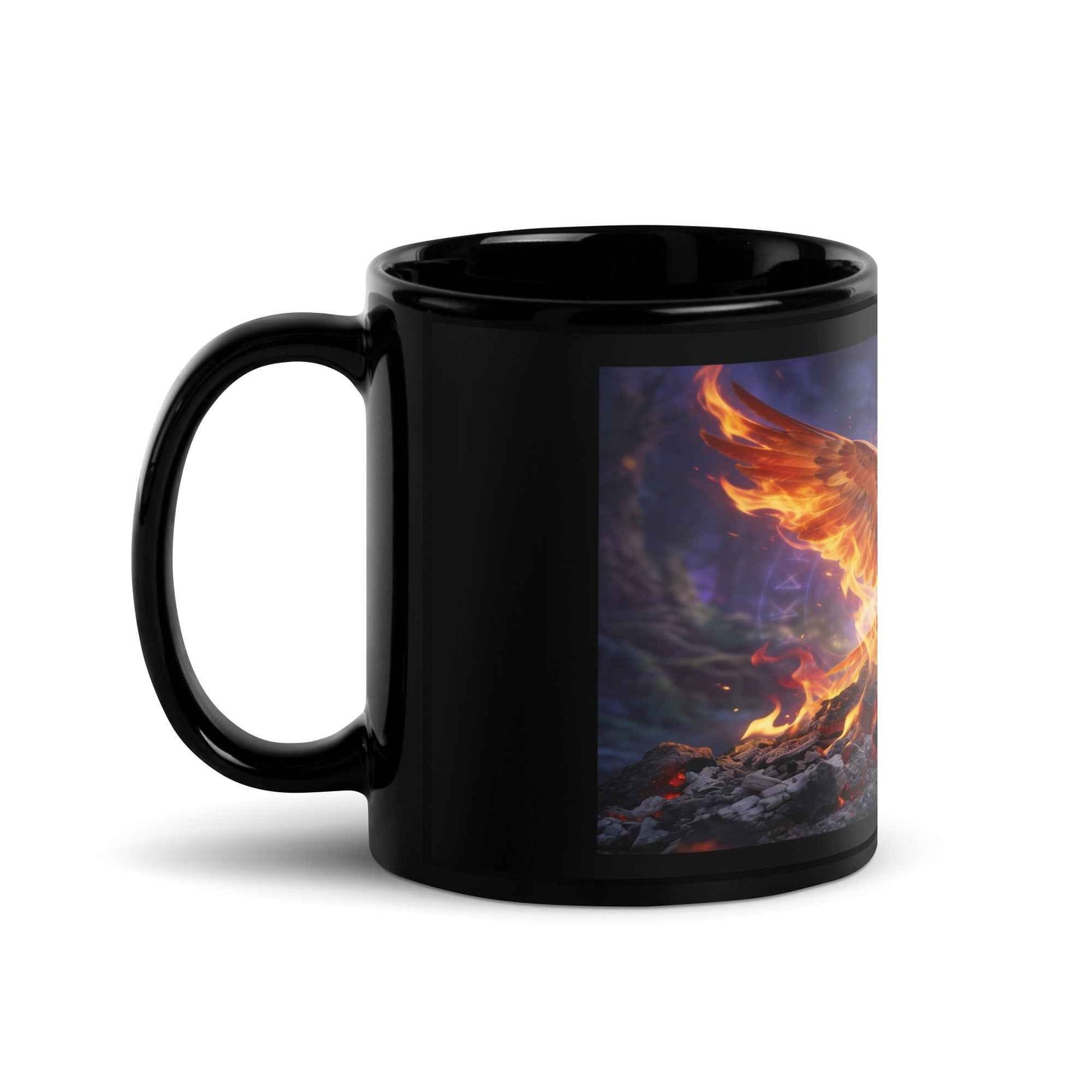 Black ceramic mug with handle, flaming phoenix artwork on front panel.