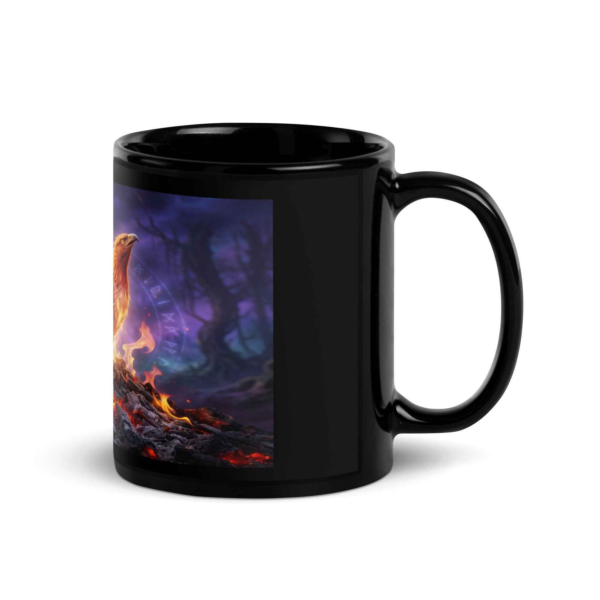 Black ceramic mug with handle, phoenix and flames graphic on side panel.